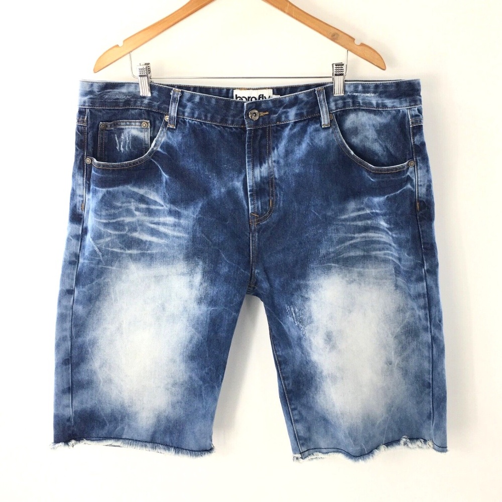 Born Fly Mens Jean Shorts Factory Fading Raw Hem Fringe Distressed Blue Sz 42